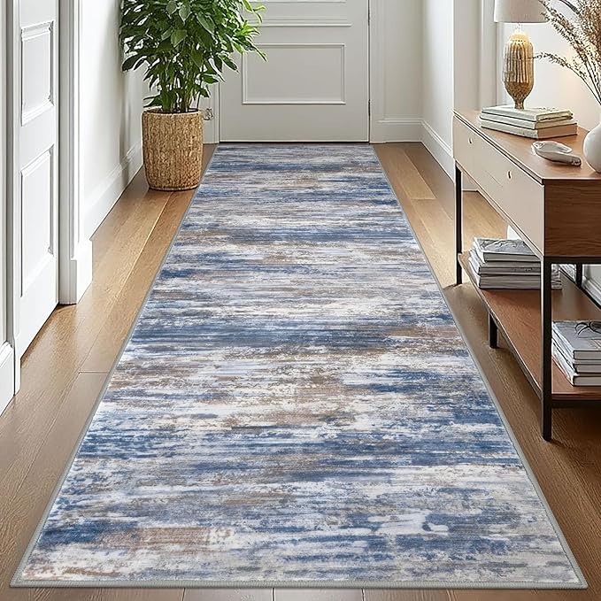 KOZYFLY 3x10 Ft Rug Modern Ombre Runner Rug for Hallway, Washable Kitchen Rugs Non-Slip Soft Striped Entryway Rug, Print Blue Rust Abstract Carpet for Laundry Nursery