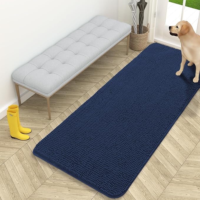 OLANLY Dog Door Mat for Muddy Paws 59x24, Absorbs Moisture and Dirt, Absorbent Non-Slip Washable Doormat, Quick Dry Chenille Mud Mat for Dogs, Entry Indoor Entryway Carpet for Inside Floor, Dark Blue
