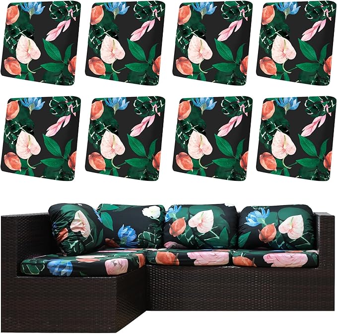 8Pcs Outdoor Cushion Covers, Patio Cushion Covers,Stretch Elastic Slipcovers, Replacement Washable & Reusable Furniture Protector for Patio Couch (Flower Bed,Cover Only)