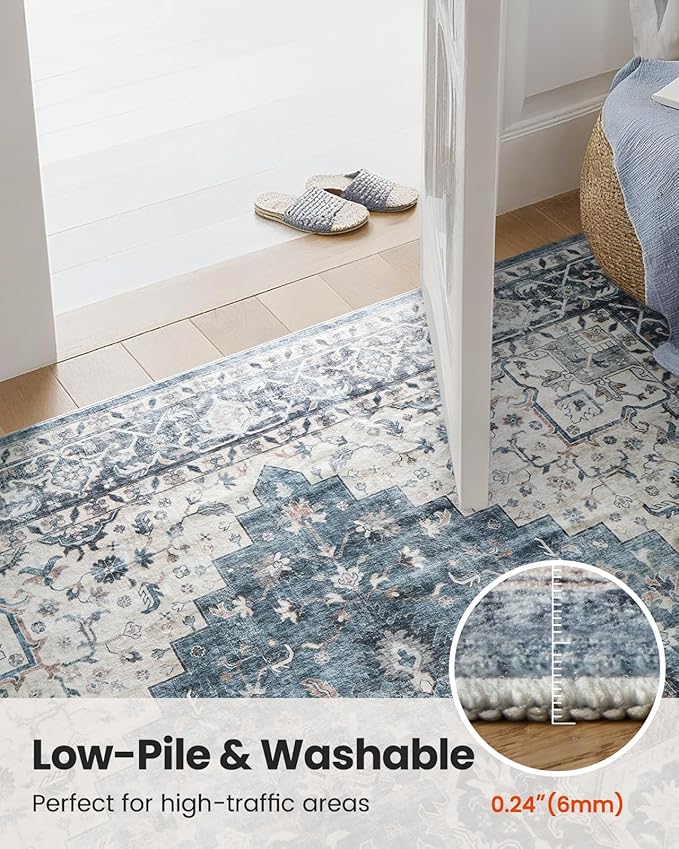 AMADA HOMEFURNISHING 2'6"x10' Washable Area Rug, Low-Profile Entryway Rug with Non-Slip Backing & Durable Edge Binding, Vintage Rug Pattern, Small Rugs for Entryway, Kitchen & Living Room