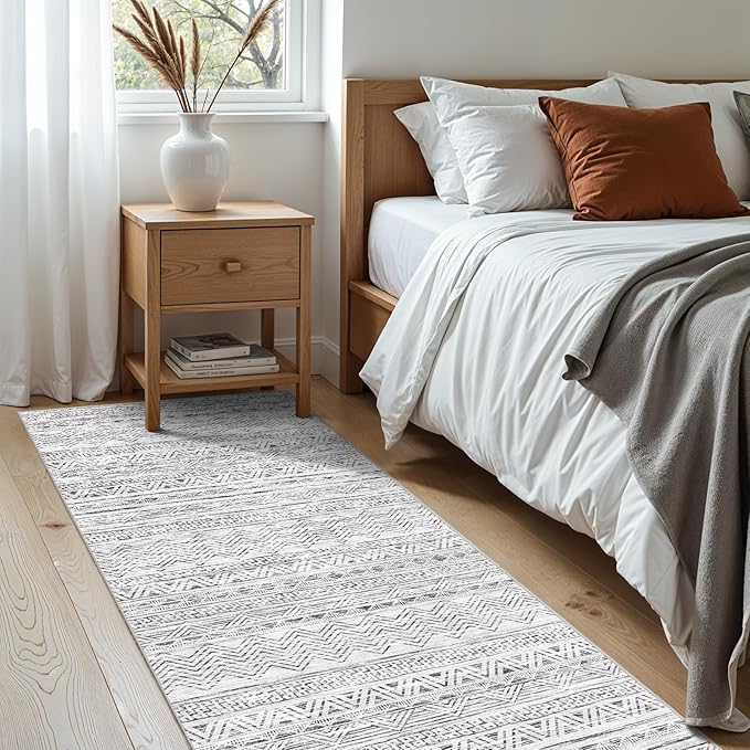 Ksrau 2x5 Hallway Runner Rug - Moroccan Non Slip Long Rug for Entryway Soft Low-Pile Washable Neutral Rugs for Kitchen Small Waterproof Indoor Floor Carpet for Bedroom Bathroom Laundry 2x5 Grey