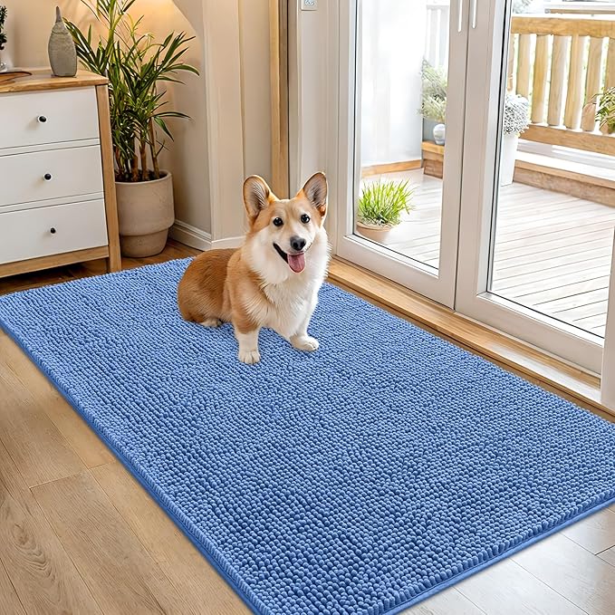 OLANLY Dog Door Mat for Muddy Paws 54x32, Absorbs Moisture and Dirt, Absorbent Non-Slip Washable Doormat, Quick Dry Chenille Mud Mat, Entry Indoor Entryway Carpet for Inside Floor, Cornflower Blue