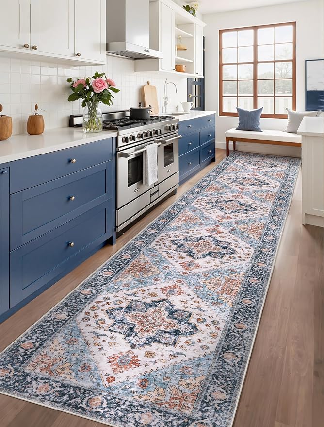 SERISSA Runner Rug for Hallways, 2'6"x14' Washable Non Slip Kitchen Runner Rug, Extra Long Boho Rug Ultra Soft Vintage Blue Orange Floor Carpet for Bedroom Hallway Entryway Bathroom Laundry Room