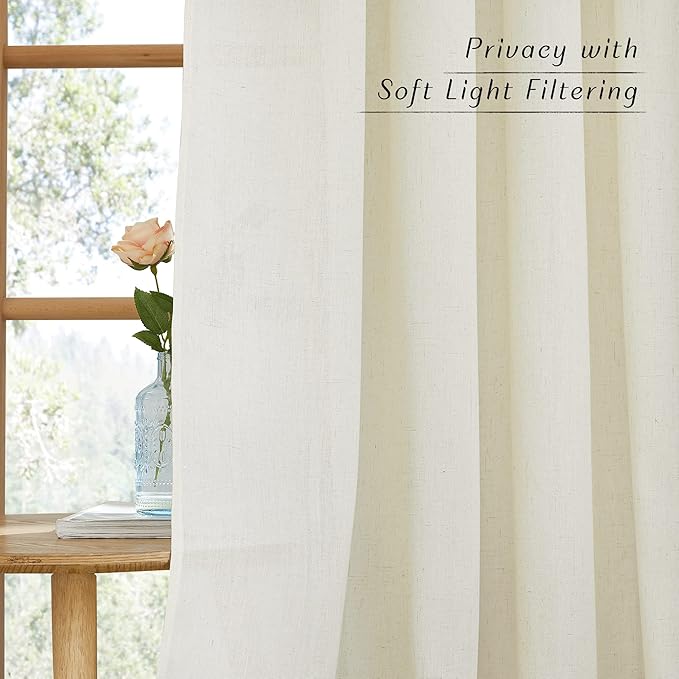 NICETOWN Linen Curtains 96 inches Long, Grommet Privacy Added with Light Filtering Linen Weave Window Treatment for Bedroom/Living Room, Off White, W68 x L96, 2 Panels