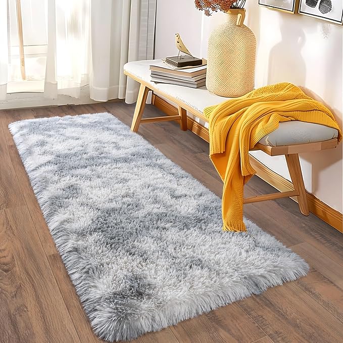 Ultra Soft Runner Rugs with Upgraded Non-Slip Rubber Backing & Thick Memory Sponge, 2x6 Feet Fluffy Shag Throw Area Rug for Bedroom Hallway Living Room Tie-dye Light Grey