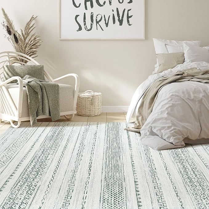 Nakagishi Green Rug Living Room 5x7: Washable Boho Large Neutral Farmhouse Soft Area Rugs Modern Stain Resistant Moroccan Indoor Non Slip Floor Carpet for Bedroom Nursery Kids Playroom Office