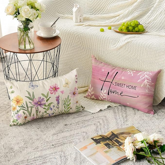 AVOIN colorlife Spring Saying Flowers Butterfly Pink Throw Pillow Covers, 12 x 20 Inch Home Sweet Home Cushion Case for Sofa Couch Set of 4