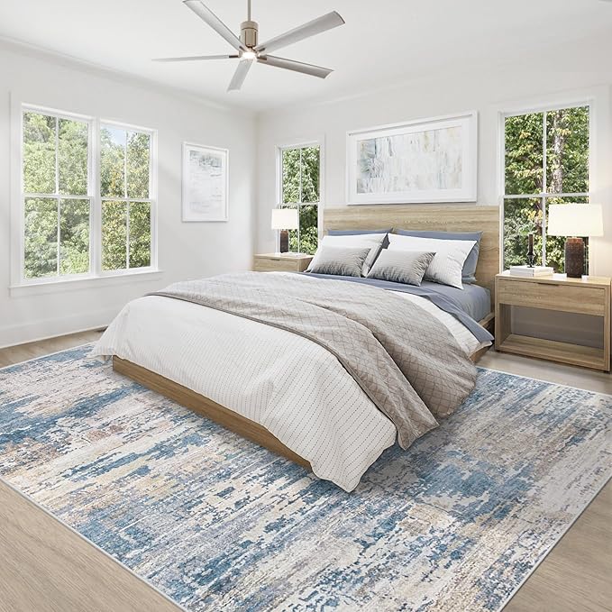 XLUEZ 8x10 Area Rugs for Living Room, Washable Modern Abstract Large Area Rug Neutral Soft Non Slip Kids Rug Stain Resistant Indoor Carpet for Bedroom Nursery Dining Room Playroom(BlueBeige, 8'x10')