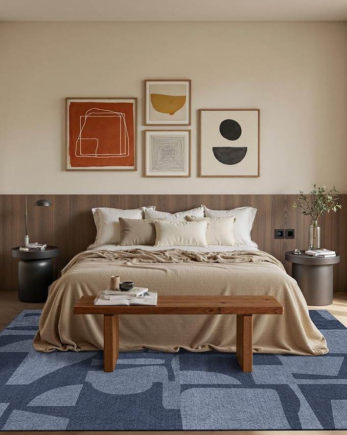 Latte&Fog 5x7 Area Rugs for Living Room Bedroom, Modern Abstract Washable Rug, Boho Non Slip Low Pile Carpet for Indoor Dining Room, Dorm, Classroom, College Dorm, Farmhouse and Kids Room - Navy Blue