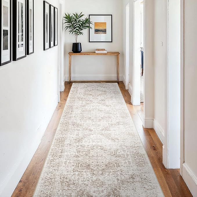 4x12 Washable Hallway Runner Rug - Wide Kitchen Runners Vintage Low Pile Carpet Soft Thin Floor Runner with Rubber Backing for Entryway Bedroom Living Room Home Decor (Cream/Camel)