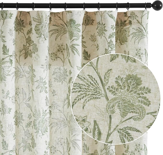 jinchan Linen Floral Curtains for Living Room with Printed Flower 63 Inches Long Light Filtering French Country Back Tab Rod Pocket Sage Green Window Curtain Set Farmhouse Drapes 2 Panels