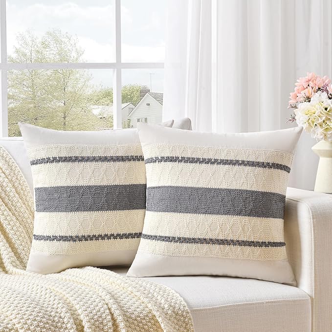 Fancy Homi Set of 1 Neutral Grey Farmhouse Decorative Throw Pillow Covers 18x18 Inch for Couch Bed Chair Indoors, Vintage Country Rustic Retro Room Decor, Soft Thick Cotton Handmade Woven Cushion Case