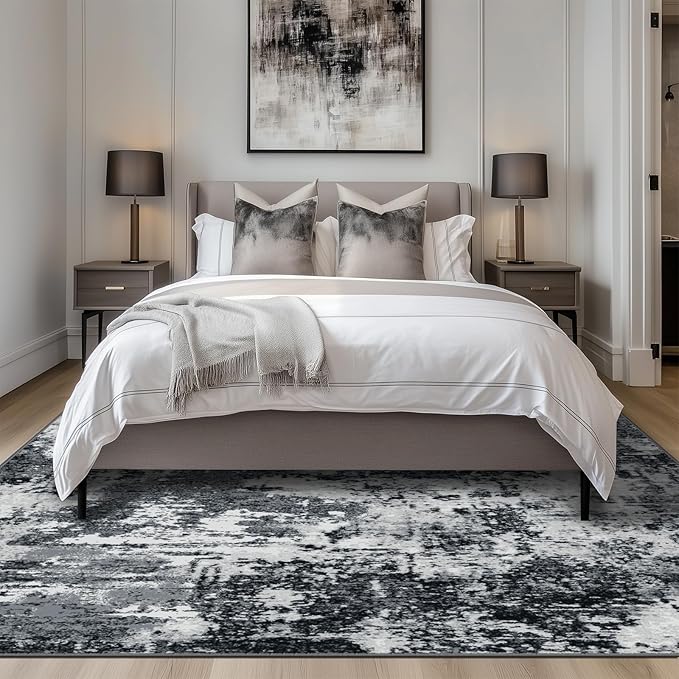 Washable Area Rugs 6'x8' Non-Slip Modern Abstract Soft for Living Room Entryway Bedroom Nursery, Print Pattern, Black Navy Blue Gray