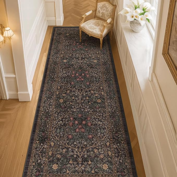 Dark Brown 2'6" x 8' Runner Rug for Hallways Non Slip, 8ft Extra Long Floor Runner for Kitchen, Entryway Indoor, Washable Rubber Backing Stain Resistant - Vintage Dark Botanical Floral Décor