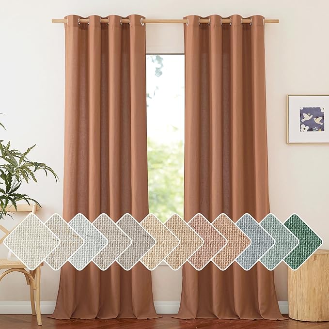 NICETOWN Linen Caramel Curtains 96 inches Long for Living Room, Grommet Thick Flax Linen Privacy Added with Light Filtering Window Treatments for Bedroom, W55 x L96, 2 Panels