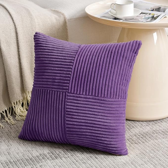 Fancy Homi 2 Packs Purple Decorative Throw Pillow Covers 18x18 Inch for Living Room Couch Bed, Boho Farmhouse Home Decor, Soft Corss Corduroy Patchwork Textured Square Cushion Case 45x45 cm