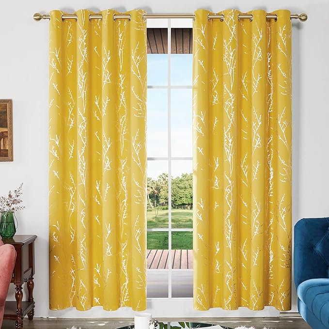 Deconovo Blackout Curtains Yellow, 52 x 84 Inch 2 Panels Set Drapes for Living Room, Modern Silver Tree Print Pattern, Thermal Insulated Soundproof Window Panel for Bedroom Office, Machine Washable