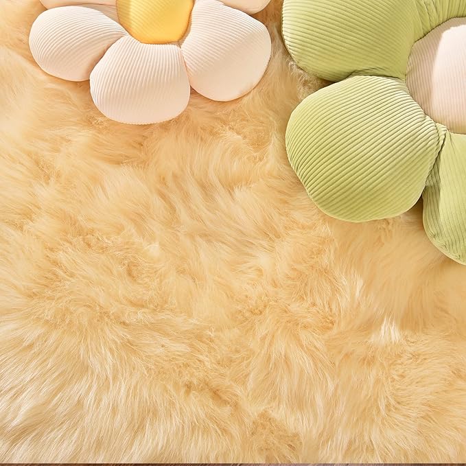 Latepis Yellow Rug for Bedroom Circle Faux Sheepskin Fur Round Rugs 5ft Furry Fluffy Rug for Bedroom Bedside Cute Home Decor