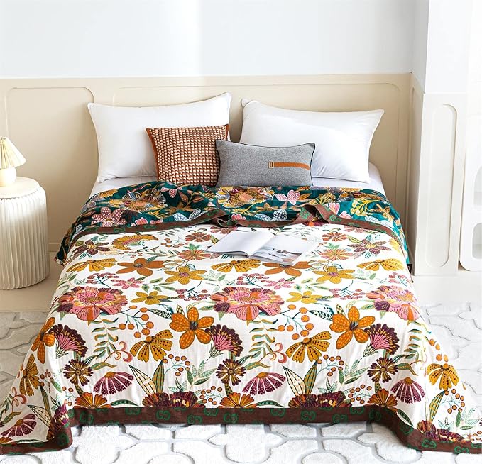 MSGKV Spring Throw Blanket for Couch, 100% Cotton Muslin Breathable Woven Bed Throws 60''x80'' Boho Vintage Quilt for All Seasons Lightweight Farmhouse Blankets Home Decoration