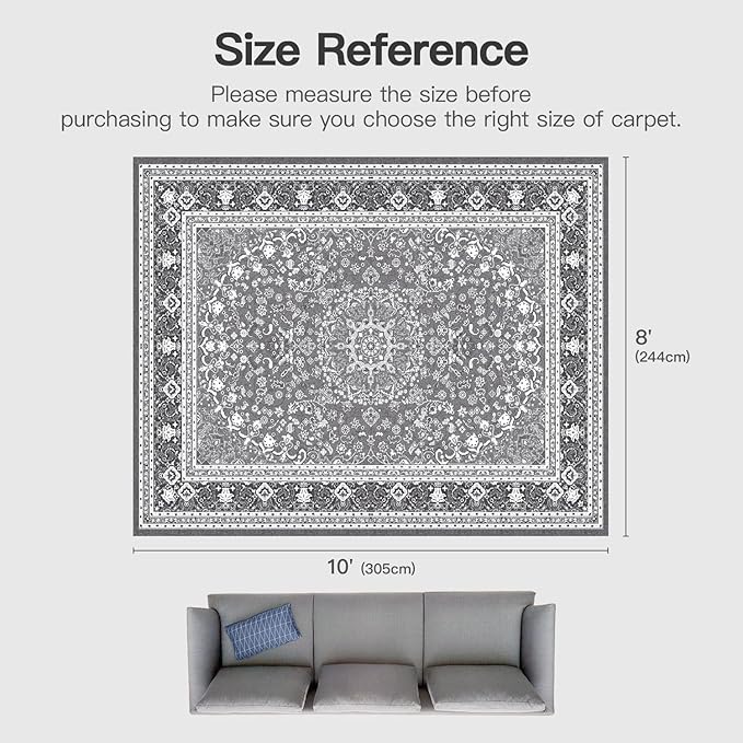 Lofus 8x10 Area Rugs for Living Room, Machine Washable Non-Slip Area Rug, Low Pile Large Rugs for Bedroom, Kitchen, Dining Room, Home Office, Vintage Oriental Print Rug, Light Grey with White