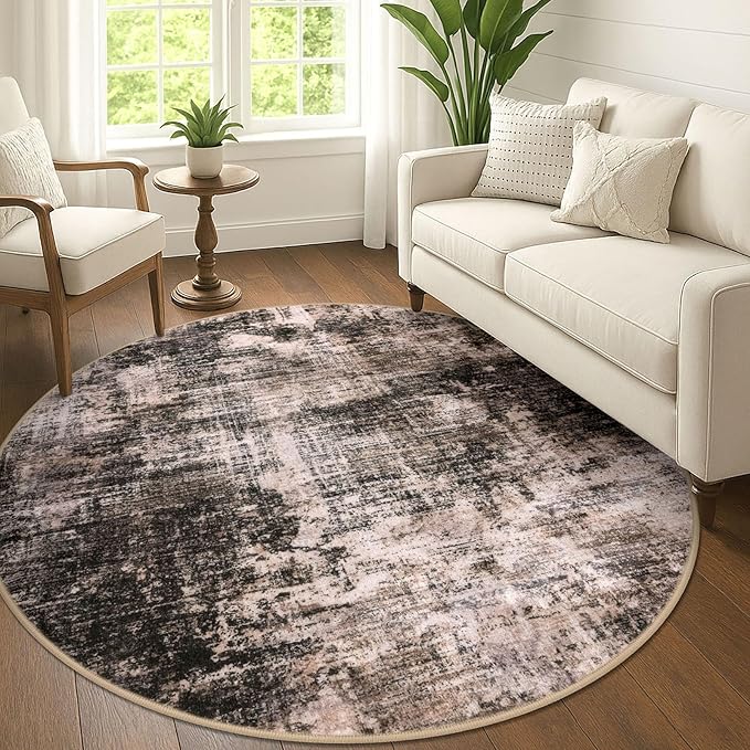 IOHOUZE Abstract Round Area Rug 6 Ft Washable Circle Rugs Large Round Rug Non Slip Thin Soft Circle Rugs, Printed Faux Wool Floor Carpet for Bedroom Living Room Dining Room Nursery, Brown/Rust