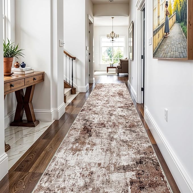 3x16 Washable Runner Rug for Hallway: Extra Long Runners for Entryway Living Room Dining Room - Stain and Water Resistant Rugs with Non-Slip Backing - Soft Low-Pile Carpet Brown Khaki White