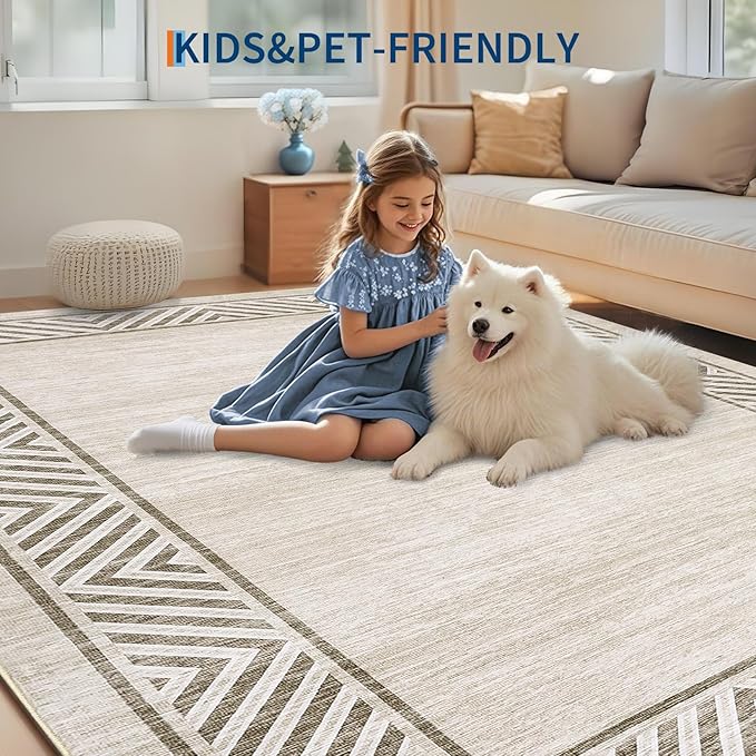 GarveeHome Bordered Bedroom Rugs 5x7 Ultra-Soft Indoor Carpet, Non-Slip Modern Geometric Living Room Rug, Stain-Resistant Neutral Accent Floor Cover for Dining Room, Nursery, Office, Beige