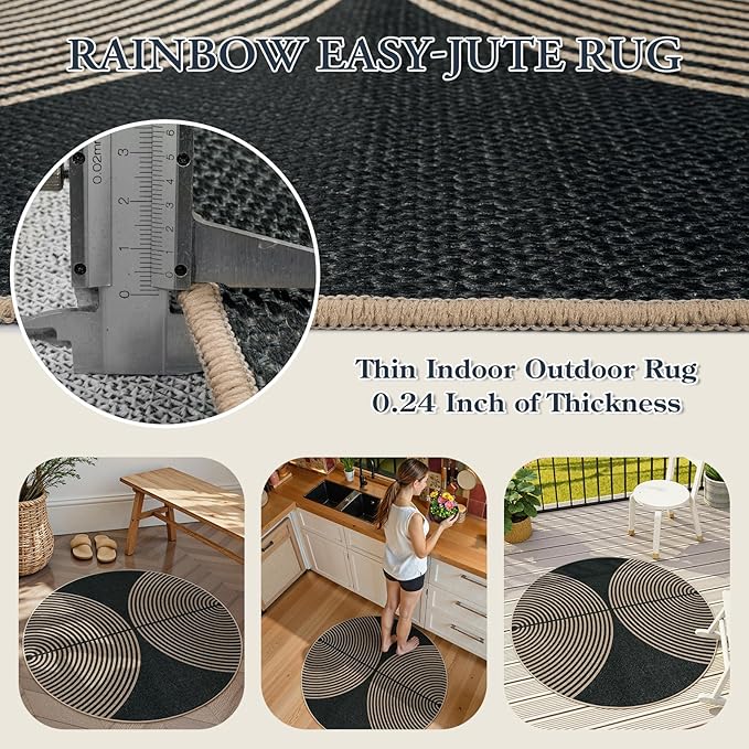 Lahome Enfys Modern Rainbow Round Rug 4ft, Circular Indoor Outdoor Kitchen Rug Washable Farmhouse Carpet, Contemporary Non Slip Round Door Mat for Bedroom Front Porch