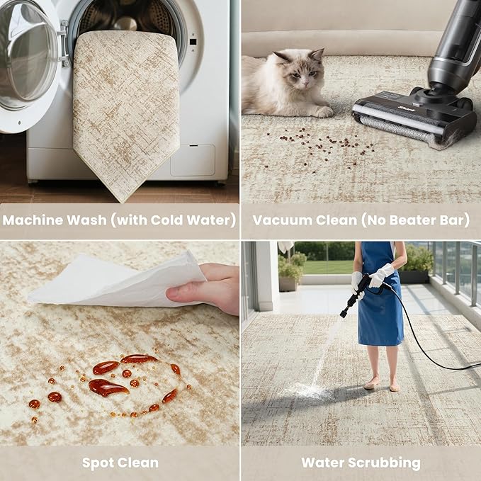 5x7 Area Rugs for Living Room Washable Rug: Anti-Skid Abstract Modern Living Room Rug Soft Thin Carpets Indoor Floor Non-Shedding Carpet for Bedroom Dining Farmhouse Nursery Beige White