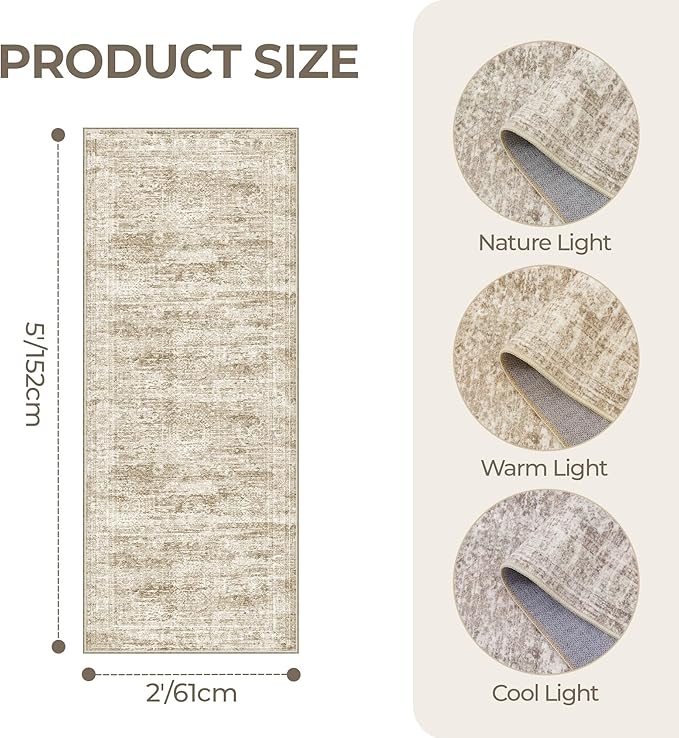 2x5 Rug Runner Washable for Entryway, Soft Bathroom Rugs with Non-Slip Backing, Abstract Low Pile Hallway Runner, Vintage Small Kitchen Carpet for Stair, Laundry Room(2'x5', Brown/Ivory)