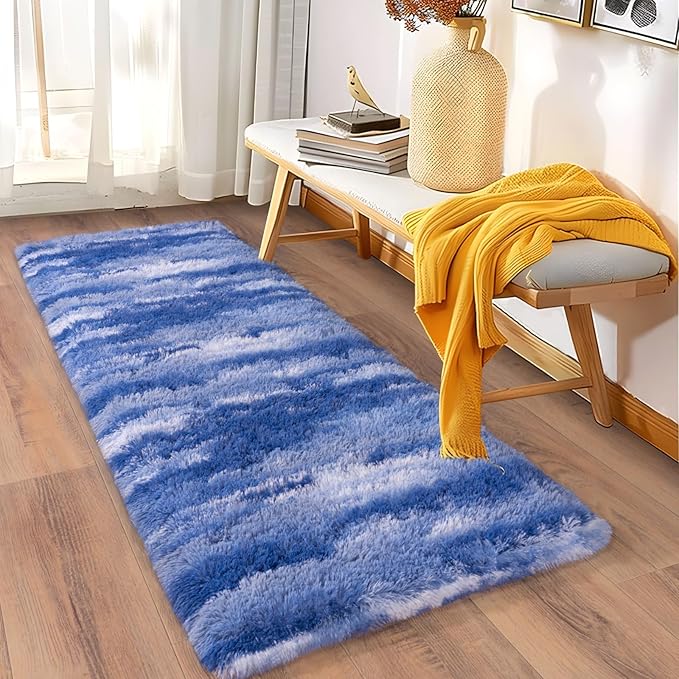 Soft Runner Rugs for Bedroom Hallways, 2x6 Abstract Blue White Fluffy Shag Throw Area Rug Non Slip for Bedside Dorm, Long Shaggy Furry Carpet for Nursery Living Room