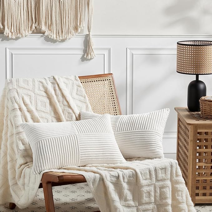 Fancy Homi 2 Packs Cream White Lumbar Decorative Throw Pillow Covers 16x32 Inch for Living Room Couch Bed, Rustic Farmhouse Boho Home Decor, Soft Striped Corduroy Rectangle Accent Cushion Case 40x80cm