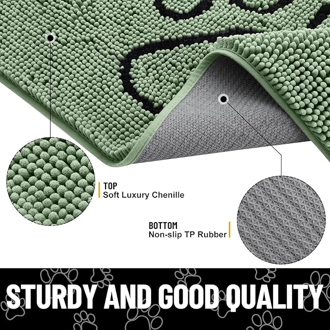 Smiry Dog Door Mat for Muddy Paws, Absorbent Dirt Trapper Non Slip Quick Dry Washable Chenille Mat for Mud Dogs, Entry Rug for Indoor and Outdoor (40x32 Inches, Olive Green and Black)
