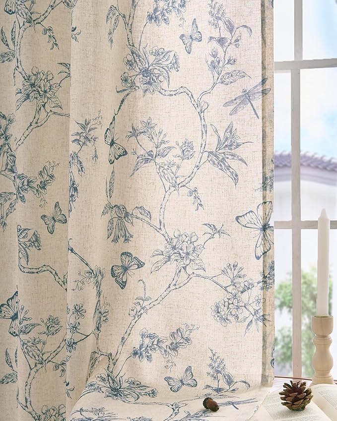 jinchan Floral Linen Curtains for Living Room 84 Inch Length Butterfly Curtain Blue Floral Curtains French Country Farmhouse Curtain Flower Patterned Drapes Window Treatment Set 2 Panels