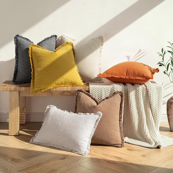 MIULEE Decorative Throw Pillow Covers Neutral Linen Fringe Throw Pillows Euro Shams Set of 2 Orange Boho Farmhouse Cushion Covers for Couch Sofa Bed Living Room Spring Home Decor 22x22 Inch