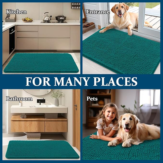 OLANLY Dog Door Mat for Muddy Paws 30x17, Absorbs Moisture and Dirt, Absorbent Non-Slip Washable Doormat, Quick Dry Chenille Mud Mat for Dogs, Entry Indoor Entryway Carpet for Inside Floor, Lake Blue