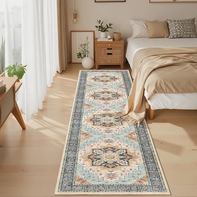 Madane Runner Rugs for Hallway 2x10 Long Washable Non-Slip Hallway Runner Rug Low-Pile Stair Kitchen Runner Soft Throw Carpet for Entrance Living Dining Laundry Room (Orange/Blue, 2 x 10)