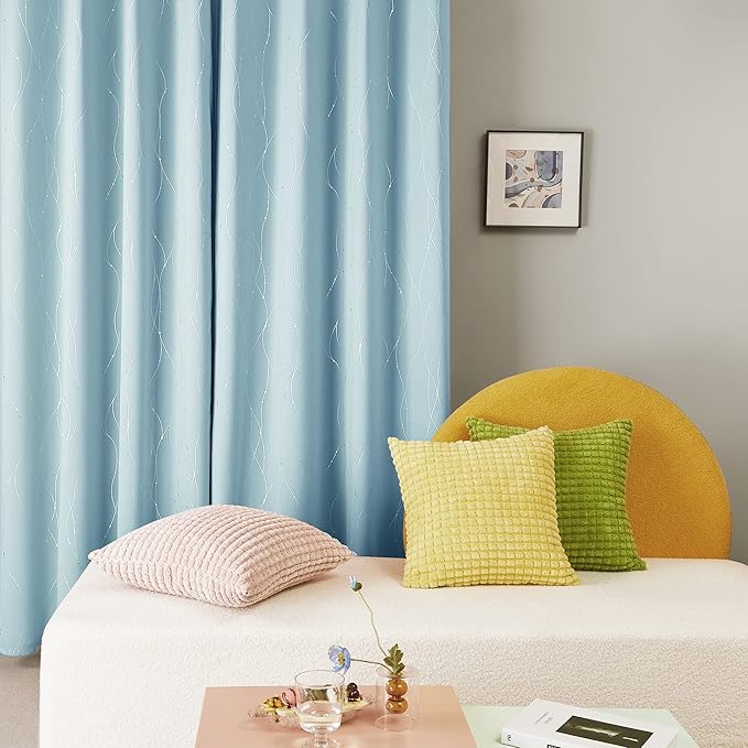 Deconovo Blackout Curtains, Thermal Insulated Soundproof Grommet Drapes, Wave Dot Foil Print, 42 x 45 Inch, Set of 2, Machine Washable Window Panel for Bedroom Living Room Nursery Kitchen, Light Blue
