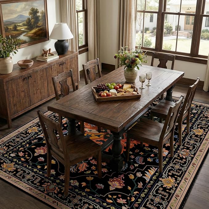Area Rugs 7'x9' Washable Non-Slip, Floral Vintage Distress Print Pattern Medallion Carpet for Living Room Bedroom Dining Room, Black Colorful Floral Dark Tan