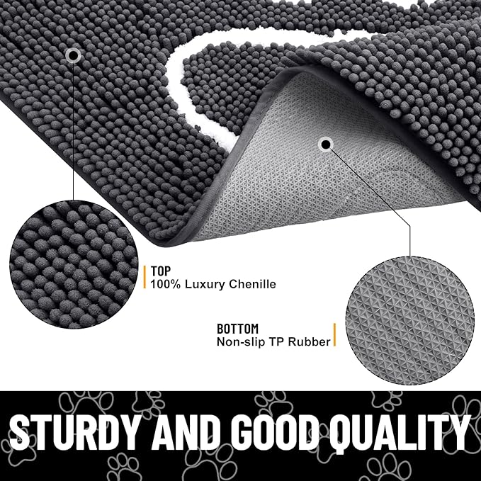 Smiry Dog Door Mat for Muddy Paws, Absorbent Dirt Trapper Non Slip Quick Dry Washable Chenille Mat for Mud Dogs, Entry Rug for Indoor and Outdoor (47x24 Inches, Dark Grey and White)