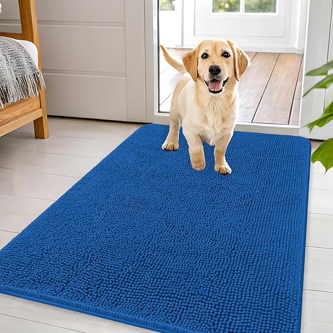 OLANLY Dog Door Mat for Muddy Paws 44x32, Absorbs Moisture and Dirt, Absorbent Non-Slip Washable Doormat, Quick Dry Chenille Mud Mat, Entry Indoor Entryway Carpet for Inside Floor, Deep Navy Blue