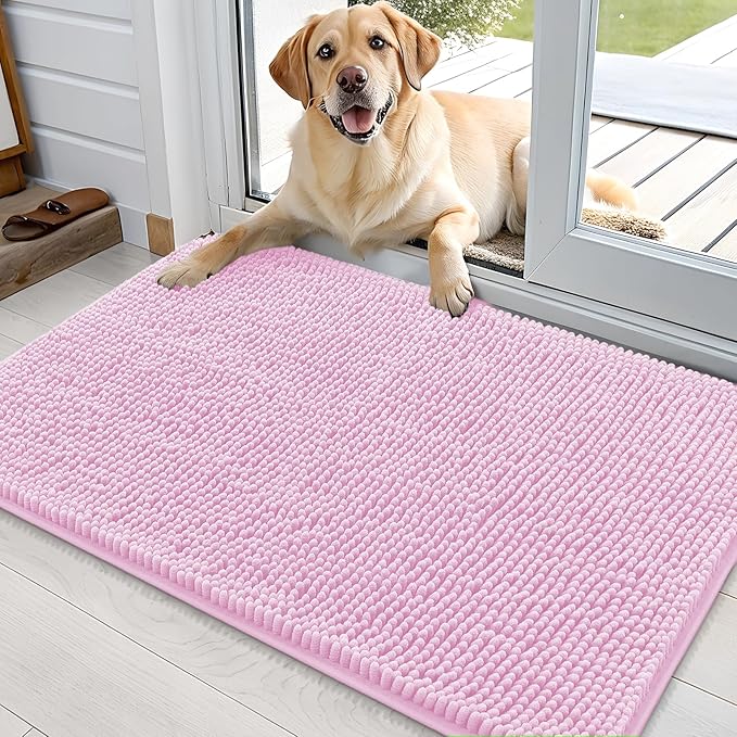 OLANLY Dog Door Mat for Muddy Paws 35x24, Absorbs Moisture and Dirt, Absorbent Non-Slip Washable Doormat, Quick Dry Chenille Mud Mat for Dogs, Entry Indoor Entryway Carpet for Inside Floor, Pink