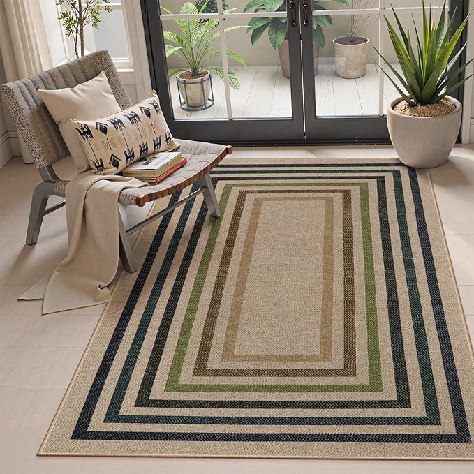 Lahome Enfys Modern Geometric Easy Jute Rug, 4x6 Washable Indoor Outdoor Carpet for Patio Living Room Farmhouse Natural Area Rug, Non Slip Contemporary Throw Mat for Entryway Office Dining Room