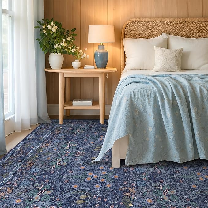 Hazo Haus Dark Blue Living Room Rug 8x10, Vintage Floral Washable Area Rugs for Bedroom, Dining Room Under Kitchen Table, Oriental Low Pile Stain Resistant Non-Slip Large Navy Decor