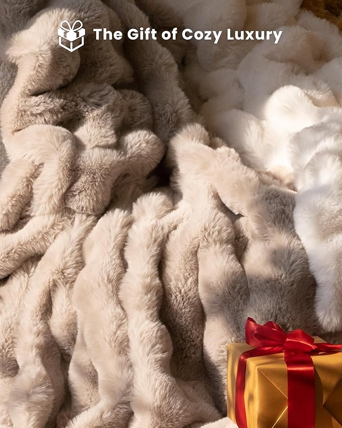 Ultra Soft Cozy Faux Fur Throw Blanket, Fuzzy Plush Thick Bubble Blanket, Oversize Luxury Fluffy Blanket for Couch, Sofa, Bedroom, and Living Room, 50x60 Inches, Light Brown