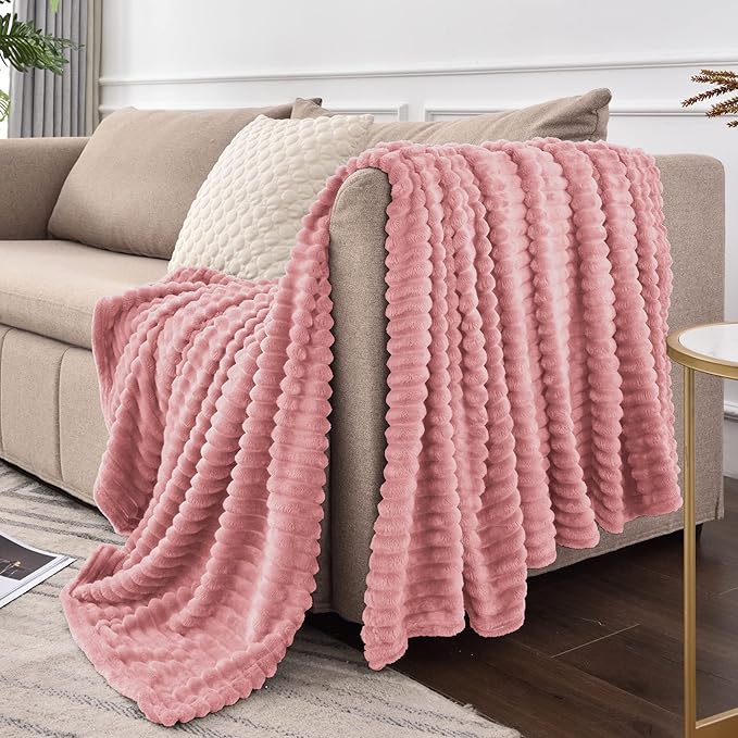 BEDELITE Fleece Blanket Twin Size – 3D Ribbed Jacquard Soft and Warm Decorative Fuzzy Blankets – Cozy, Fluffy, Plush Lightweight Throw Blankets for Couch, Bed, Sofa(Pink, 60x80 inches)
