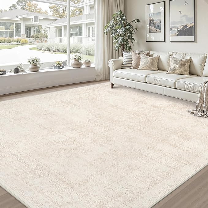 8x10 Area Rugs for Living Room: Vintage Boho Neutral Washable Rug Indoor Soft Large Area Rug Carpet for Bedroom Nursery Farmhouse Dining Room Office Floor Non-Slip Low Pile Under Table Rug Beige