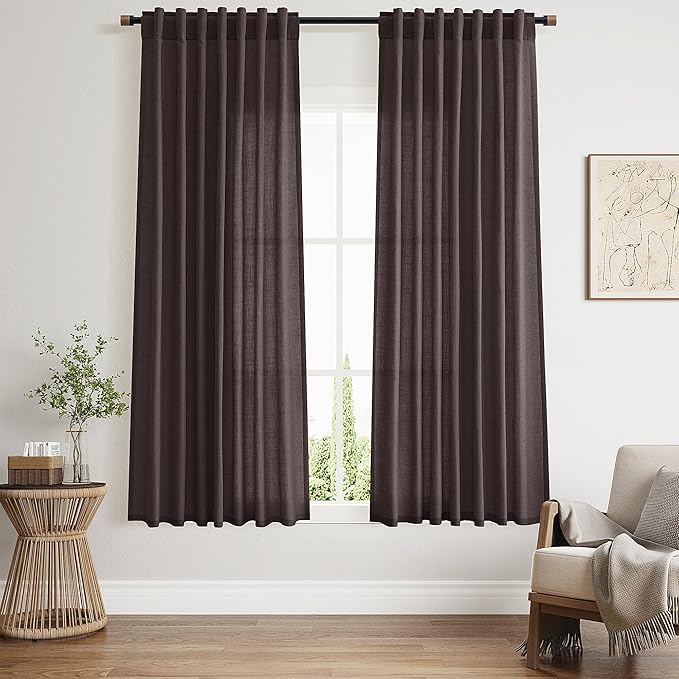 Cocoa Coffee Curtains 63 Inches Long 2 Panel Sets for Living Room Bedroom, Light Filtering Linen Drapes for Kitchen Windows Rod Pocket or Back Tab Curtain,Semi Sheer 52x63