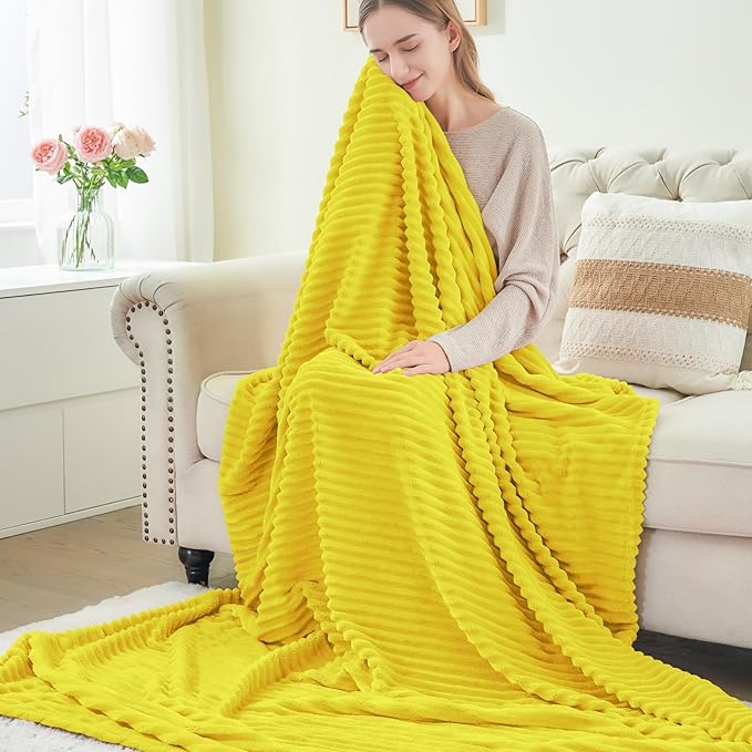 BEDELITE Fleece Blanket Twin Size – 3D Ribbed Jacquard Soft and Warm Decorative Fuzzy Blankets – Cozy, Fluffy, Plush Lightweight Throw Blankets for Couch, Bed, Sofa(Yellow, 60x80 inches)