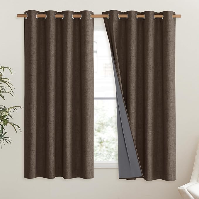 NICETOWN Coffee Vintage Linen 100% Blackout Curtains for Living Room, Thermal Insulated Curtains 63" Long, Noise Reducing Window Treatment Drapes for Hall Room, 52" Wide Per Panel, Set of 2